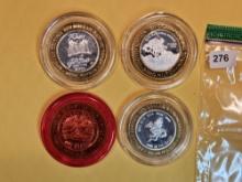 Four Ten Dollar .999 fine Silver Center Casino Gaming Tokens