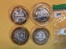 Four Ten Dollar .999 fine Silver Center Casino Gaming Tokens