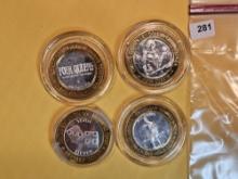 Four Ten Dollar .999 fine Silver Center Casino Gaming Tokens