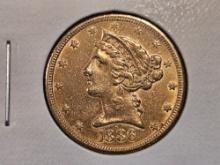 GOLD! 1886-S Liberty Head Gold Five Dollars in About Uncirculated - details