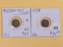 1852 and 1858 Three cent Silver Trimes