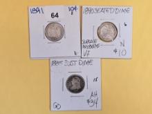 Three mixed silver Dimes