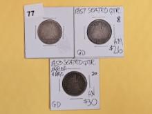 Three mixed Silver Seated Liberty Quarters