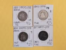 Four mixed Silver Seated Liberty Quarters