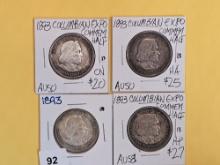 Four 1893 Columbian Commemorative silver half dollars