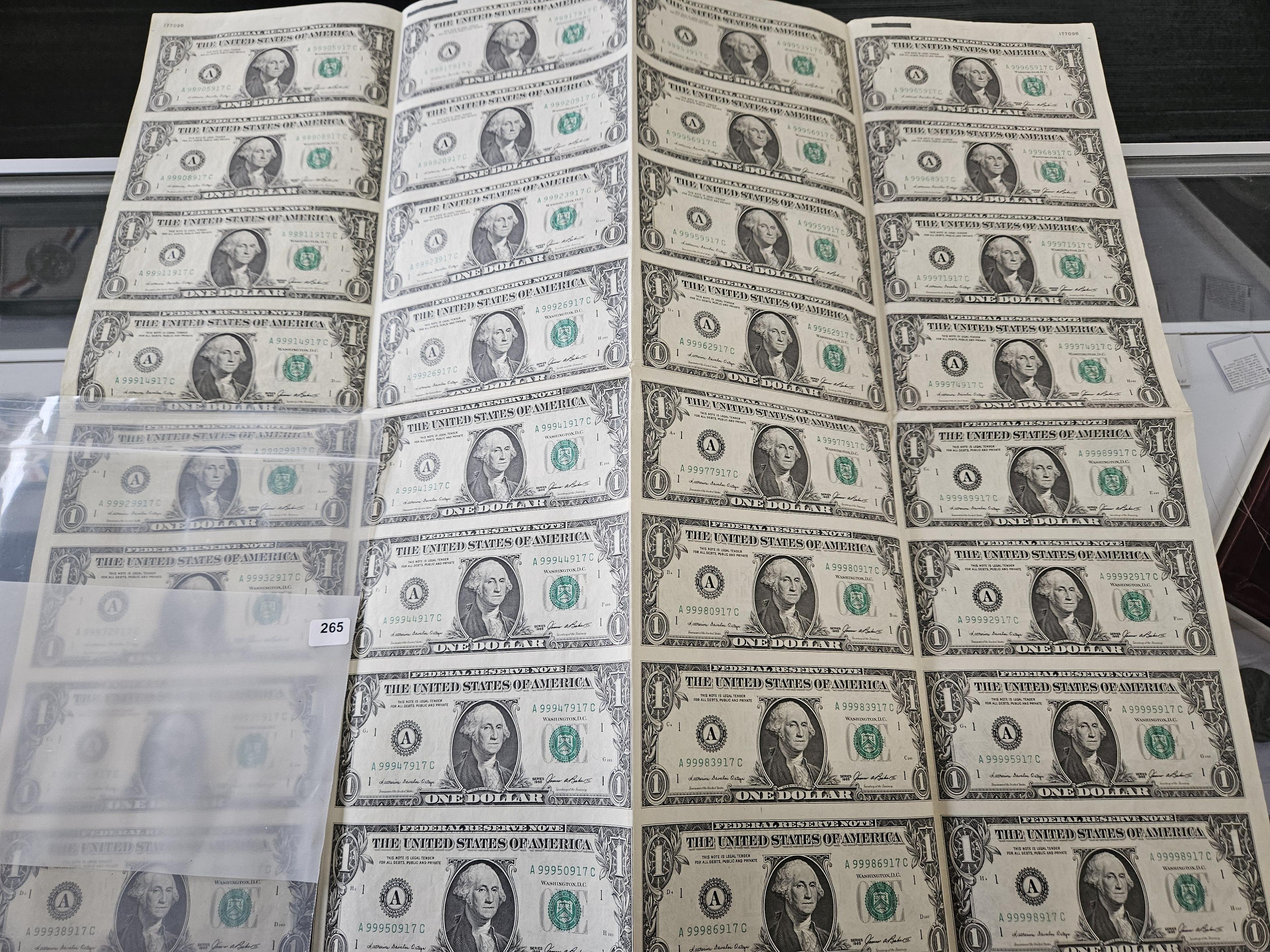 Series 1985 Uncut Sheet of One Dollar Federal Reserve Notes