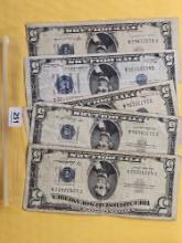 Five $5 Dollar Blue Seal Silver Certificates in Very Fine plus