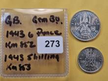 Great Britain 1943 Shilling and 1943 Six-Pence both in GEM Brilliant Uncirculated