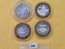Four Mixed Ten Dollar .999 Fine Silver center Casino Gaming Tokens