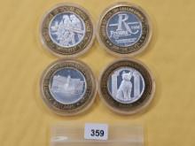 Four Mixed Ten Dollar .999 Fine Silver center Casino Gaming Tokens