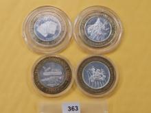Four Mixed Ten Dollar .999 Fine Silver center Casino Gaming Tokens