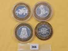 Four Mixed Ten Dollar .999 Fine Silver center Casino Gaming Tokens