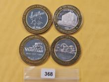 Four Mixed Ten Dollar .999 Fine Silver center Casino Gaming Tokens