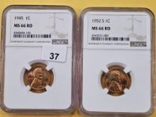 Two NGC Graded Wheat Cents in Mint State 66 Red