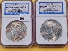 Two NGC Graded Brilliant Uncirculated Peace Silver Dollars