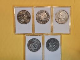 Five Mixed Brilliant Uncirculated and Proof Eisenhower Dollars