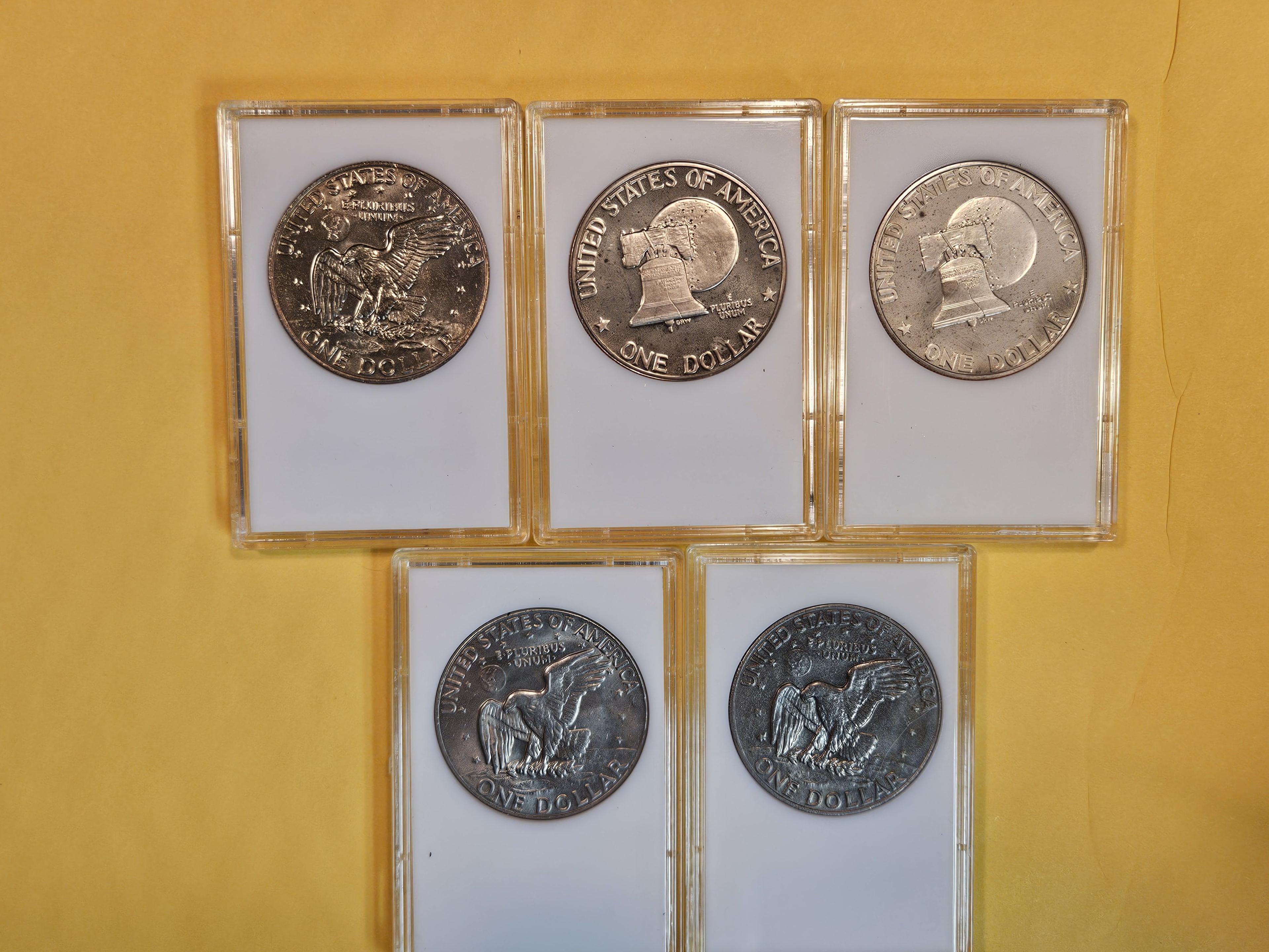 Five Mixed Brilliant Uncirculated and Proof Eisenhower Dollars