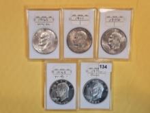 Five Mixed Brilliant Uncirculated and Proof Eisenhower Dollars