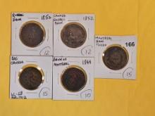 Five older Canada Half-penny tokens