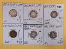 Six mixed silver Seated Liberty Dimes