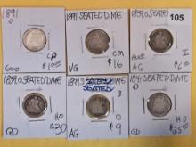 Six mixed silver Seated Liberty Dimes