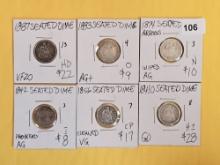 Six mixed silver Seated Liberty Dimes
