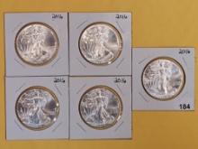 FIVE GEM Brilliant Uncirculated 2016 American Silver Eagles