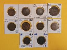 Ten nice, mixed, Older Copper coins