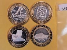 Four Gem Proof Ten Dollar .999 fine Silver Center Casino Gaming Tokens
