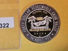 GEM! Forty Dollar .999 Fine Silver Center 24 Karat HGE Casino Gaming Token