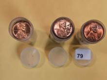 Three Brilliant Uncirculated RED Rolls of Wheat cents