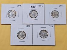 Five AU-BU Mercury Silver Dimes