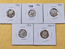 Five AU-BU Mercury Silver Dimes