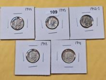 Five AU-BU Mercury Silver Dimes