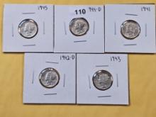 Five AU-BU Mercury Silver Dimes