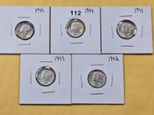 Five AU-BU Mercury Silver Dimes