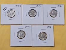 Five AU-BU Mercury Silver Dimes