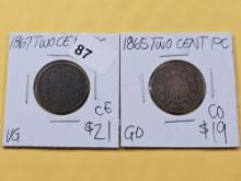 Two Circulated Two-cent Pieces
