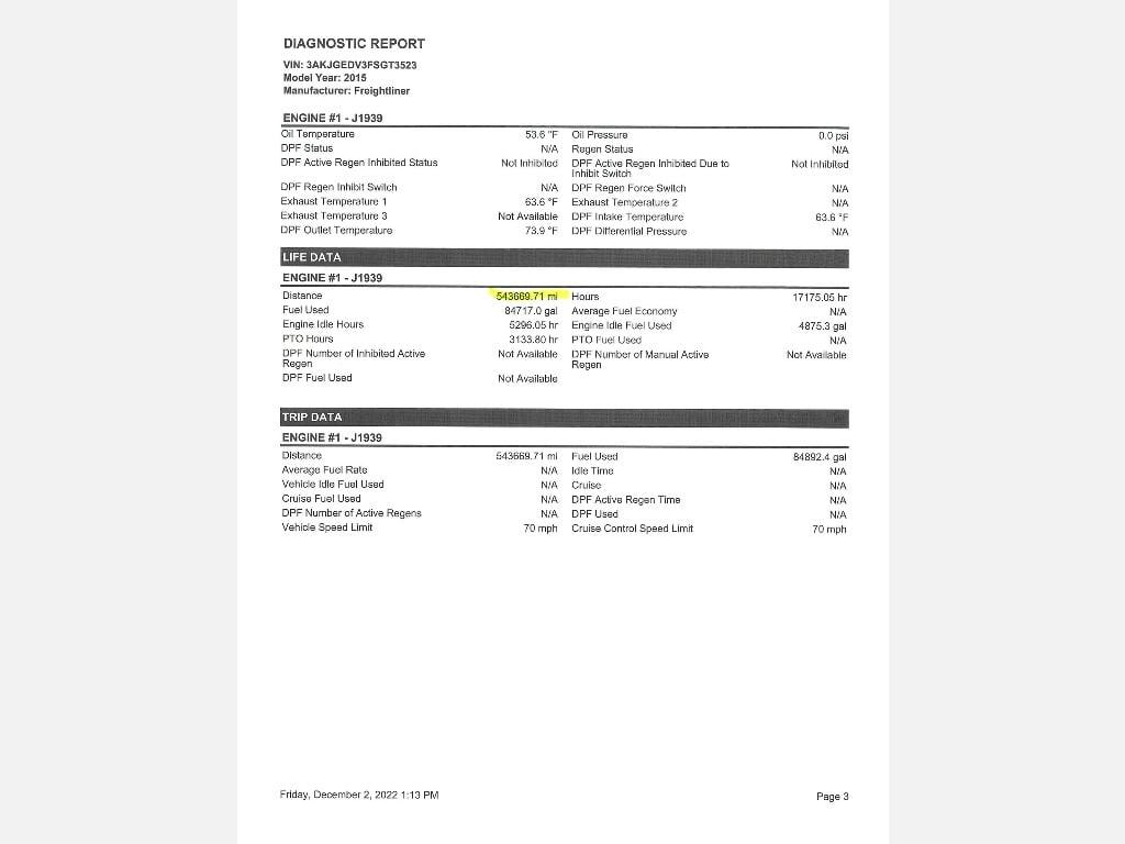 2015 FREIGHTLINER CASCADIA T/A DAYCAB, HESS REPORT IN PHOTOS, 543668 MILES