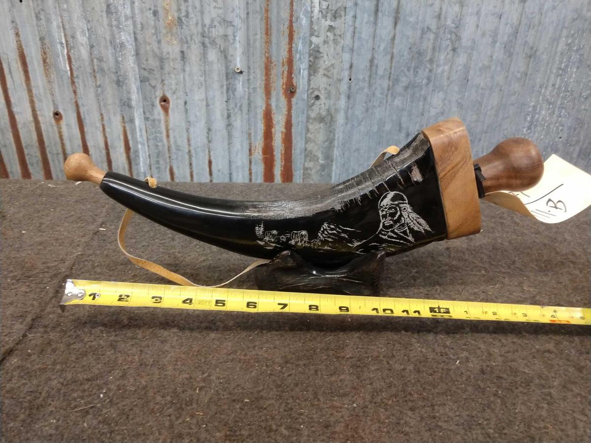 Scrimshawed Powder Horn On Stand