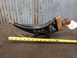 Scrimshawed Powder Horn On Stand