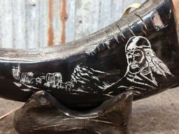 Scrimshawed Powder Horn On Stand