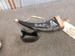 Scrimshawed Powder Horn On Stand