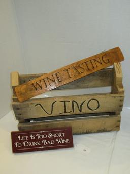 Lot - Rustic Style Wooden Wine Signs & Box