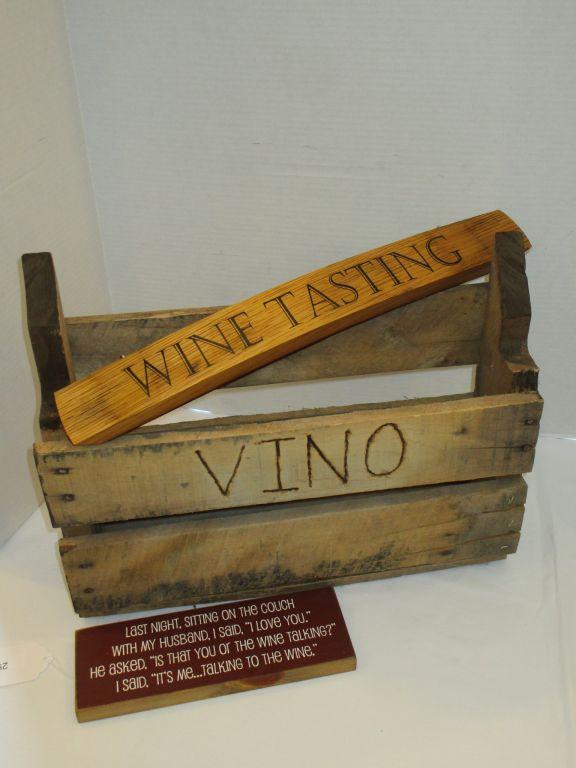Lot - Rustic Style Wooden Wine Signs & Box