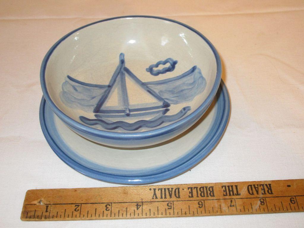 Child's Pottery Bowl & Plate w/ Boat Motif - Signed "M. A. Hadley"