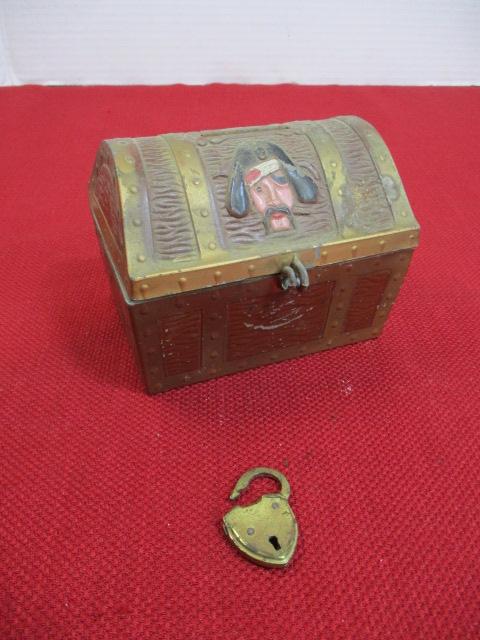 1940's E.J. Kahn Co. Metal Pirates Chest Coin Bank w/ Original Lock