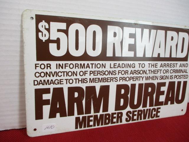 $500 Reward Farm Bureau Metal Sign