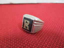 Sterling Silver Monogrammed "R" Ring w/ Onyx