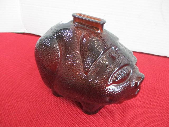 Anchor Hocking Smiling Pig Textured Amber Glass Coin Bank